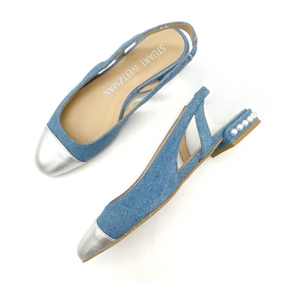 Stuart Weitzman Denim Pearl Slingback Flats Size 6 Silver Cap Toe Made in Spain - Picture 1 of 15